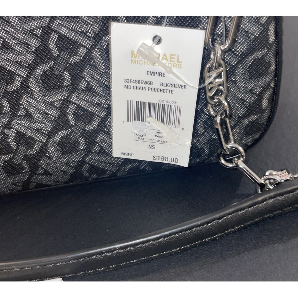 NWT✨Michael Kors Empire Medium Patent Chain Link Pochette Black Silver‎ Monogram - Picture 3 of 6